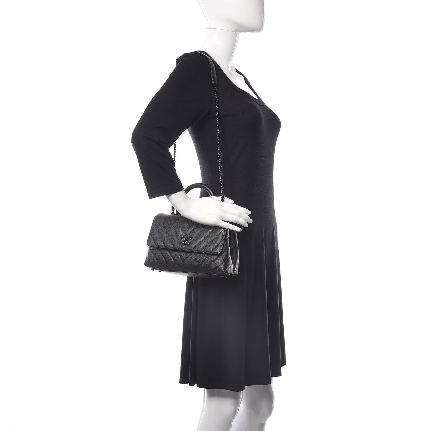 Caviar Chevron Quilted Mini Coco Handle Flap Dark Grey