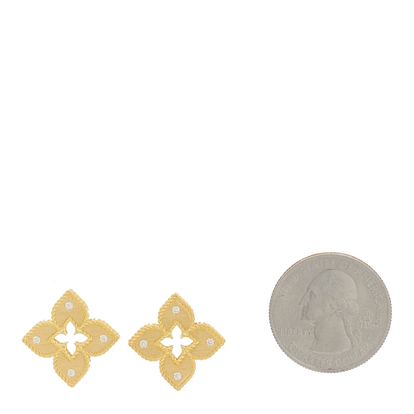 18K Yellow Gold Diamond Medium Petite Venetian Princess Satin Finish Flower Stud Earrings