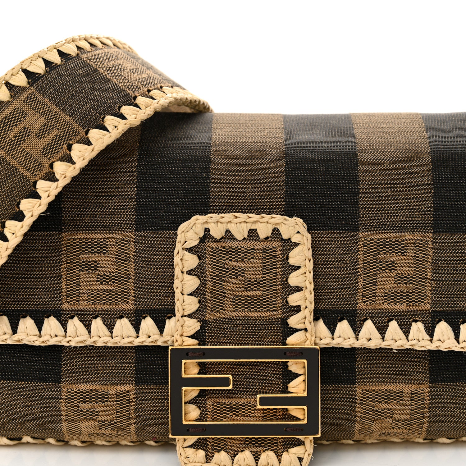 Fendi Fabric Jacquard Raffia Straw Pequin Gingham Woven Baguette Beige Black Natural 7 of 9