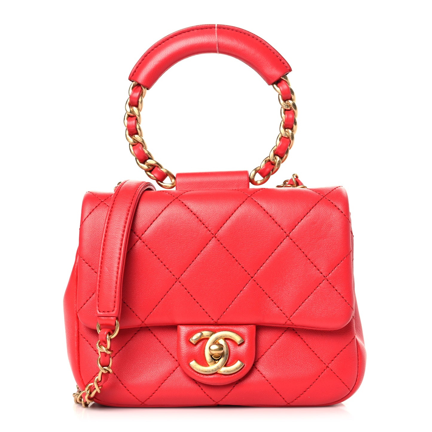 Lambskin Quilted Small Circular Handle Bag Brilliant Rouge