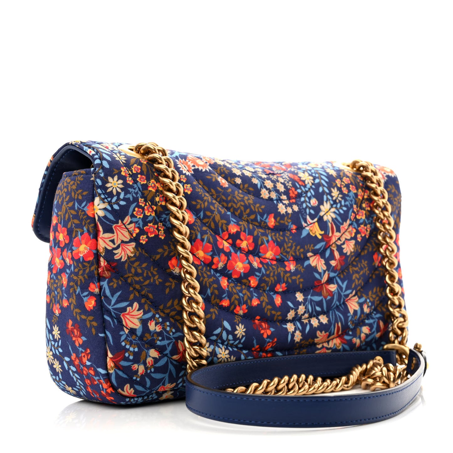 Cotton Calfskin Matelasse Floral Print Small GG Marmont Shoulder Bag Blue Red Deep Ocean Blue