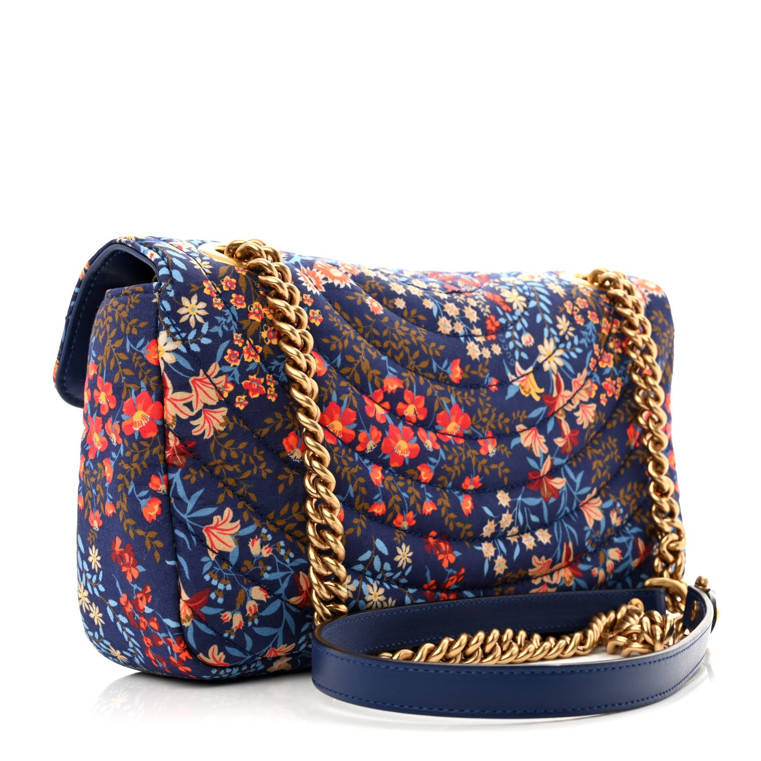 Gucci Cotton Calfskin Matelasse Floral Print Small GG Marmont Shoulder Bag Blue Red Deep Ocean Blue 3 of 12