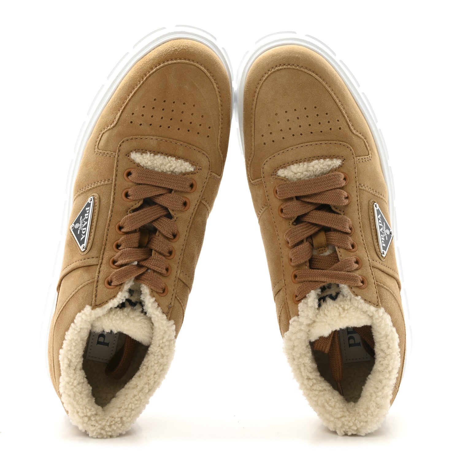 Prada Suede Shearling Triangle Logo Downtown Sneakers 40 Ecru 2 of 10