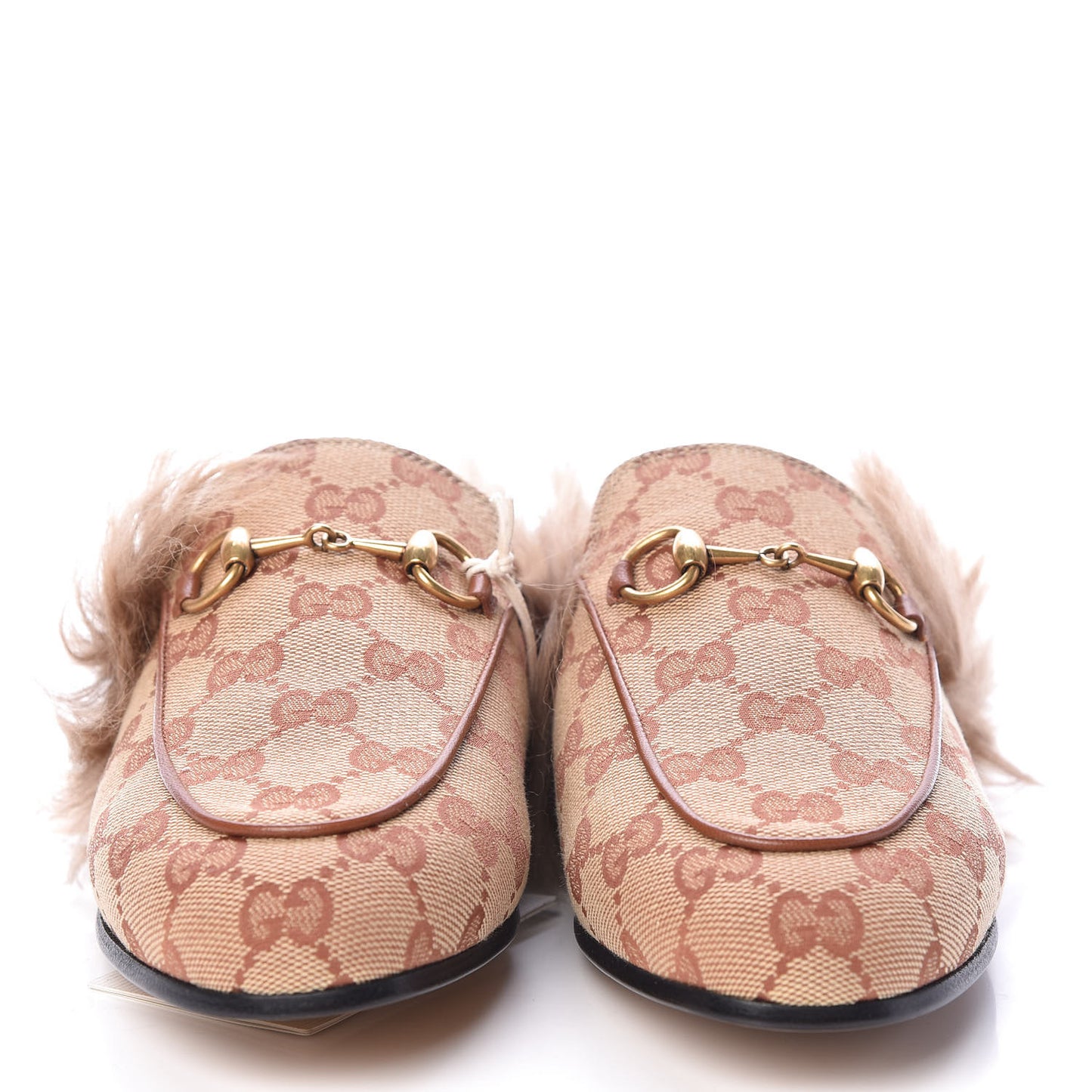 GG Monogram Fur Womens Princetown Slippers 35.5 Beige Ruggine Rust