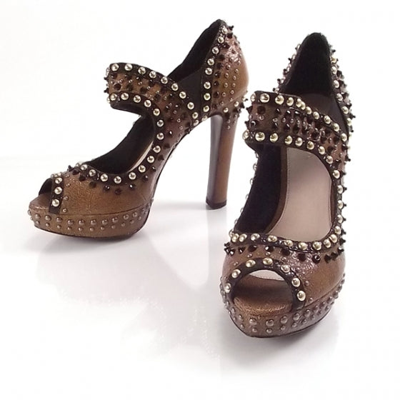 Prada Leather Studded Platform Peep Toes 38 Brown 1 of 7