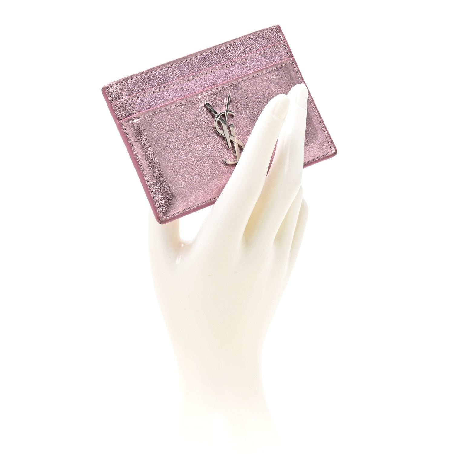 Saint Laurent Metallic Calfskin Monogram Credit Card Case Pink 2 of 9