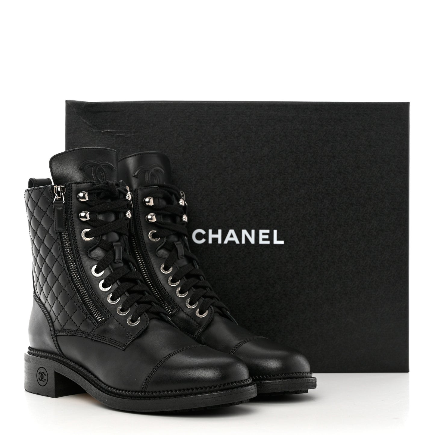 Calfskin Quilted Lace Up Combat Boots 38.5 Black