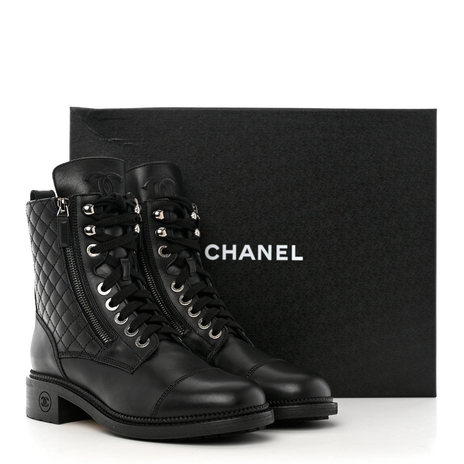 Chanel Calfskin Quilted Lace Up Combat Boots 38.5 Black 10 of 10