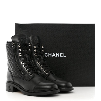 Chanel Calfskin Quilted Lace Up Combat Boots 38.5 Black 10 of 10