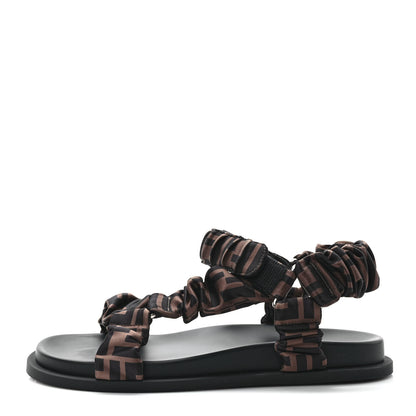 Fendi Satin FF Ruched Sandals 39.5 Tobacco Black 1 of 8