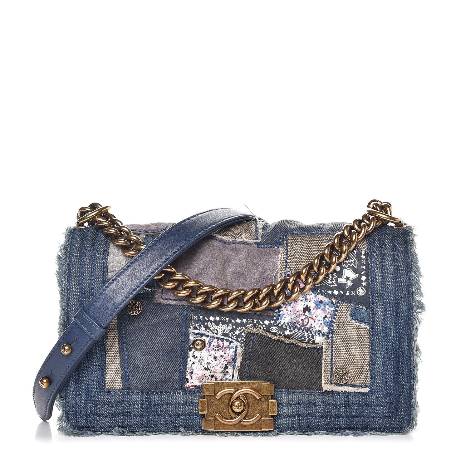Denim Patchwork Medium Boy Flap Blue