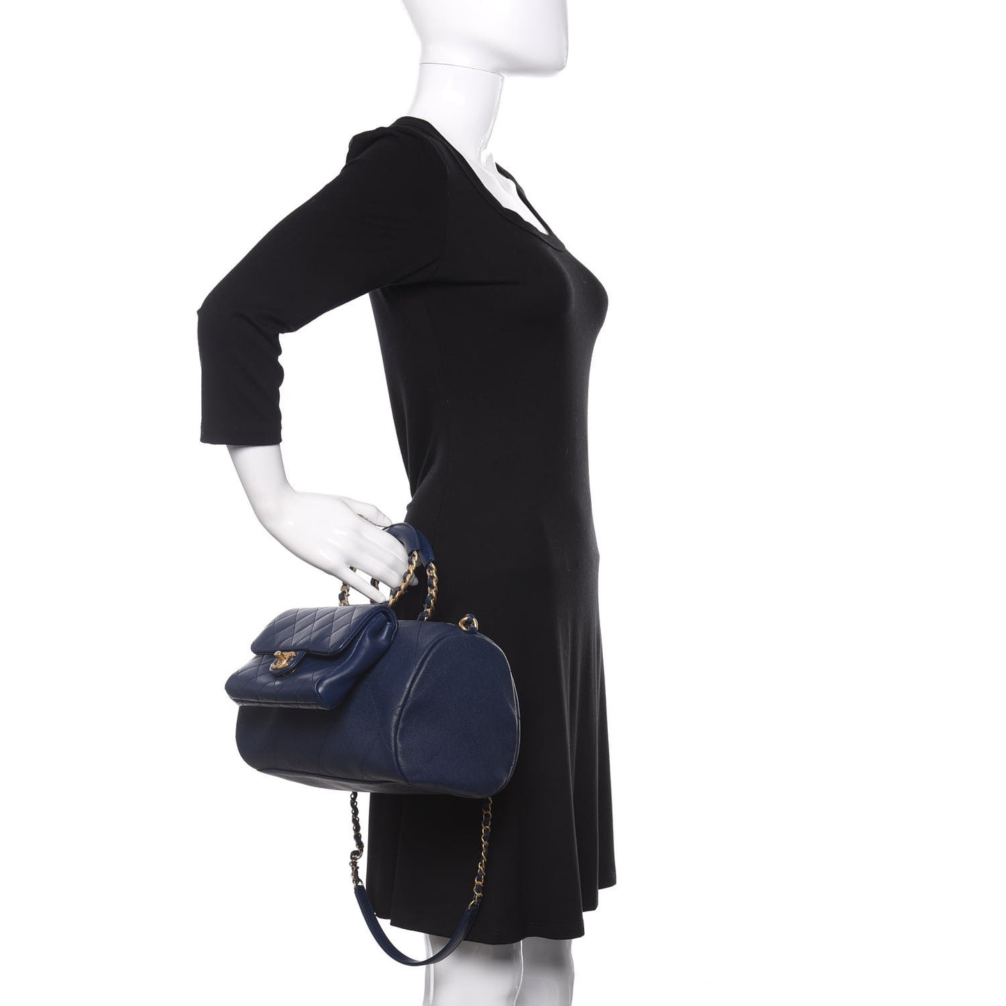 Grained Calfskin Lambskin Quilted Large Bowling Bag Blue