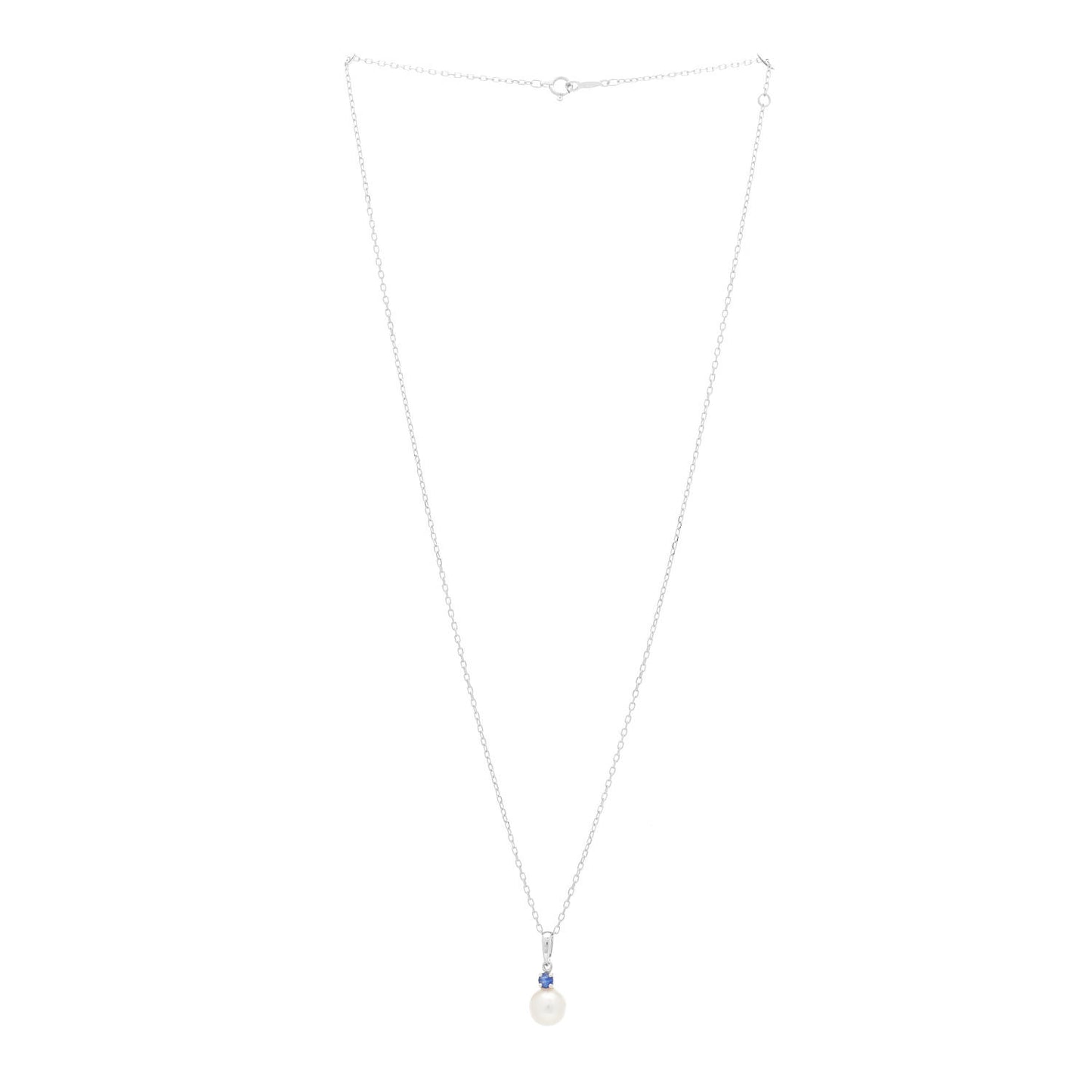 18K White Gold Blue Sapphire Akoya Pearl 7.5mm Everyday Esentials Pendant Necklace