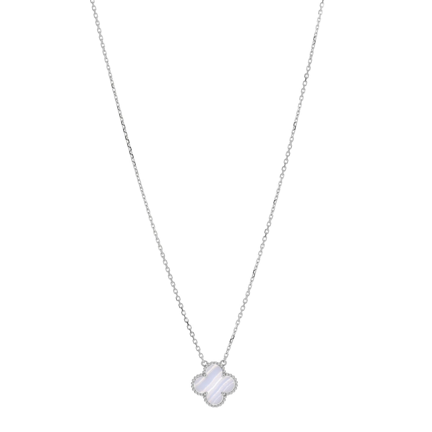 18K White Gold Chalcedony Vintage Alhambra Pendant Necklace