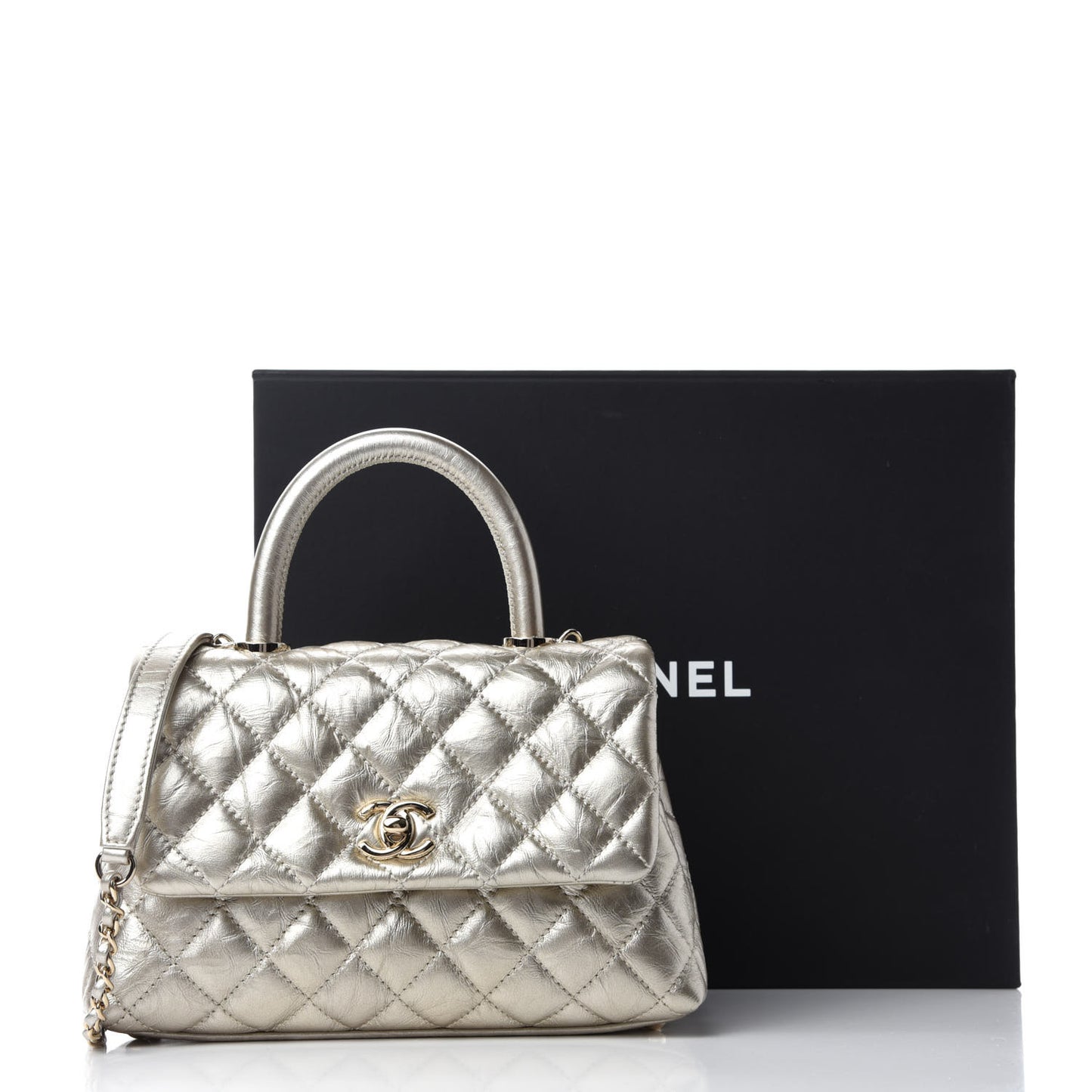 Metallic Aged Calfskin Quilted Mini Coco Handle Flap Gold