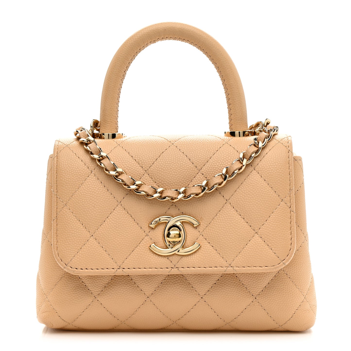 Caviar Quilted Coco Handle Clutch With Chain Beige