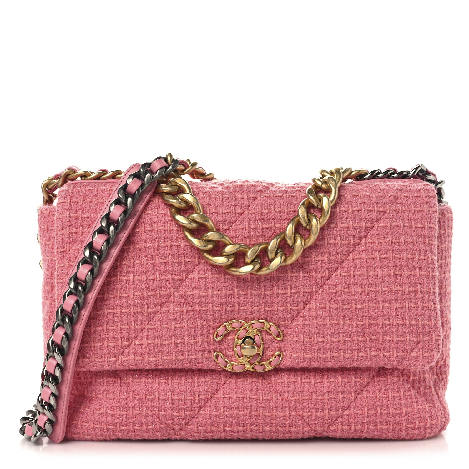 Chanel Metallic Tweed Quilted Large Chanel 19 Flap Pink 1 of 11