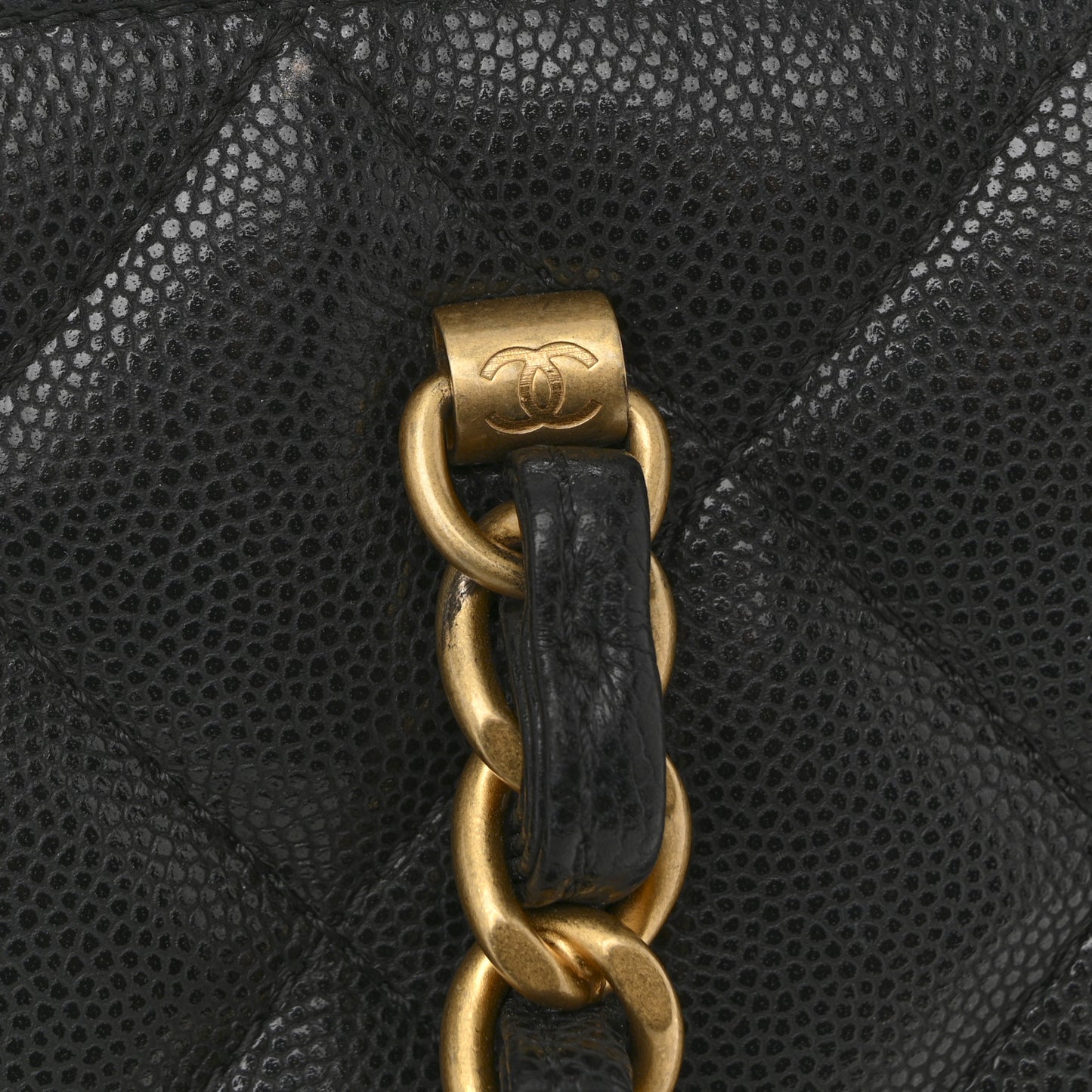 Shiny Caviar Quilted Chain Handle Small Shopping Tote Black