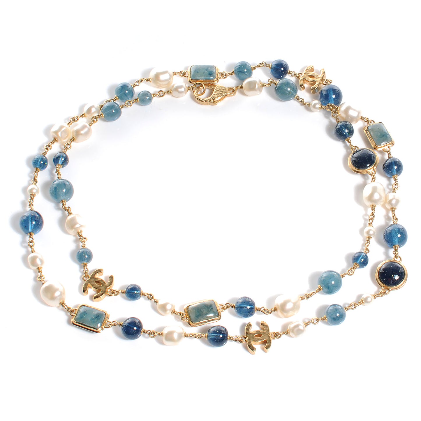 Beaded Pearl CC Long Strand Necklace Gold Blue