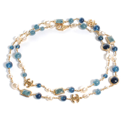 Chanel Beaded Pearl CC Long Strand Necklace Gold Blue 3 of 4
