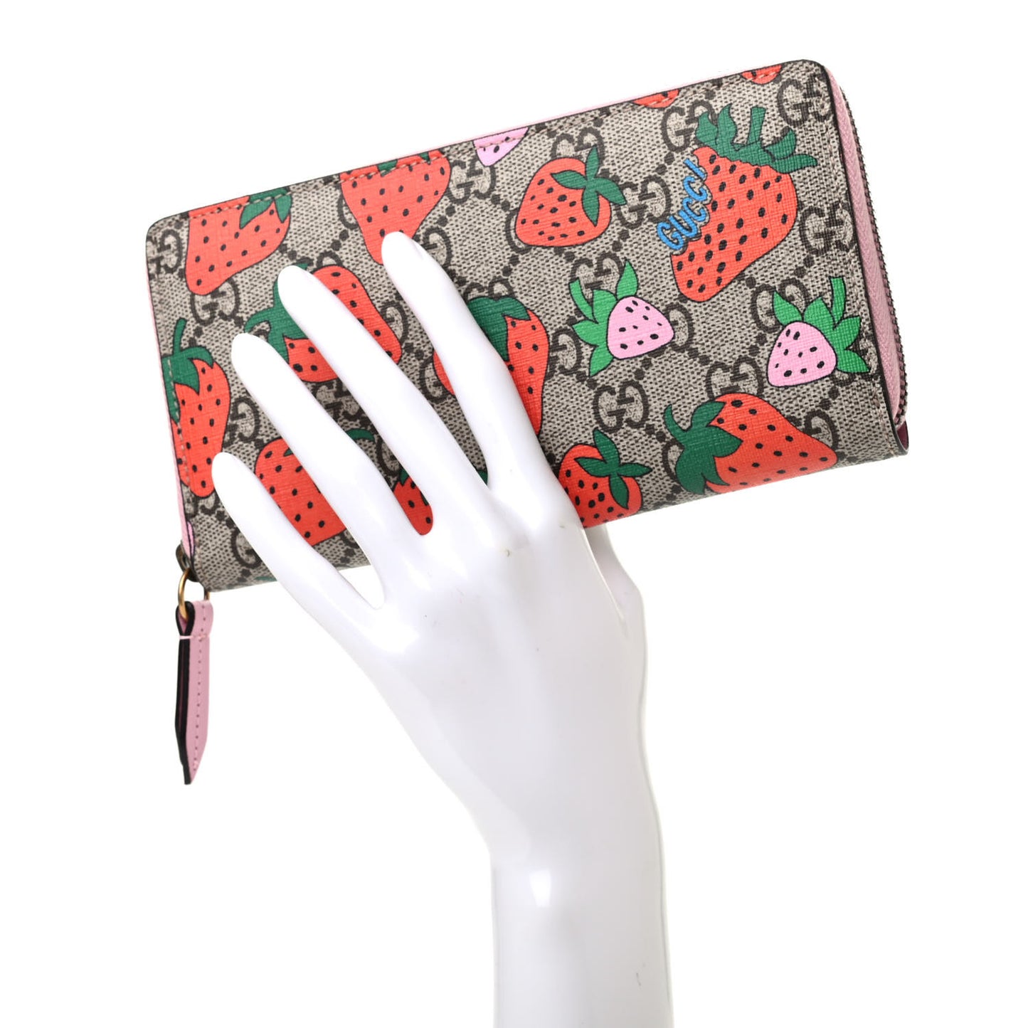 GG Supreme Monogram Strawberry Zip Around Wallet Light Pink
