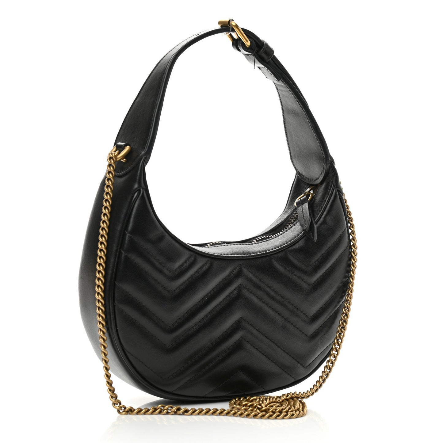 Calfskin Matelasse Chevron Mini GG Marmont Half Moon Hobo Black