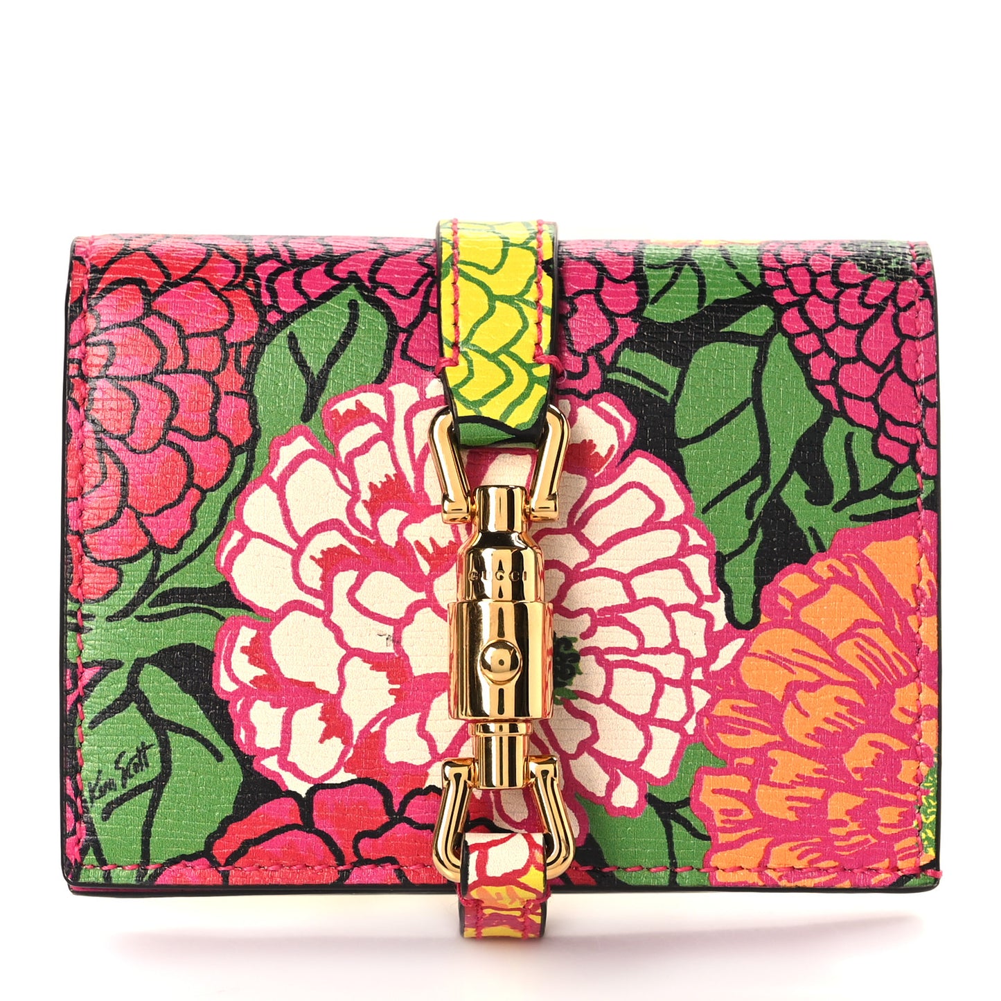X KEN SCOTT Shangai Calfskin Pomponica Print Jackie 1961 Card Case Multicolor Fuxia Pompon