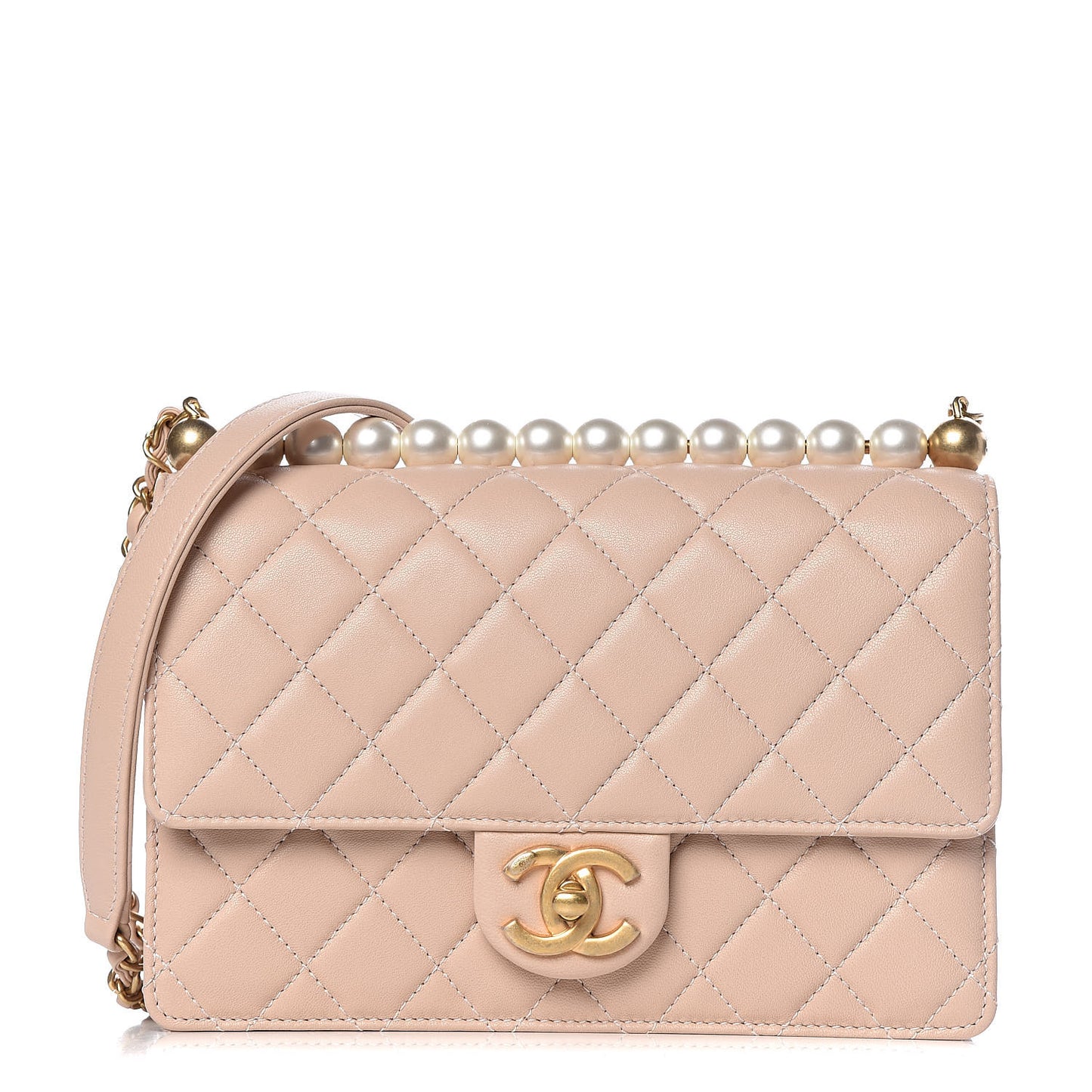 Lambskin Quilted Small Chic Pearls Flap Beige