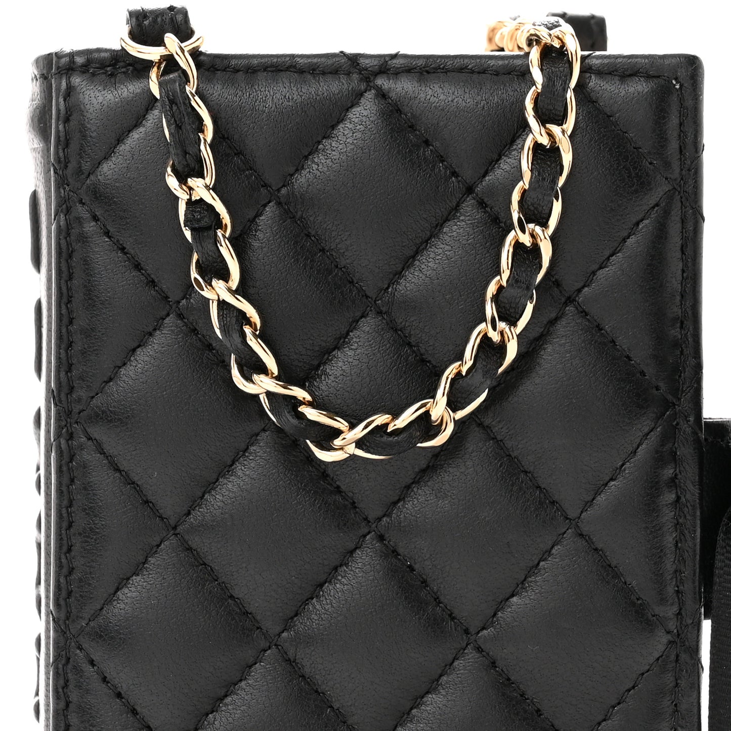 Lambskin Quilted Book Card Holder on Chain Black