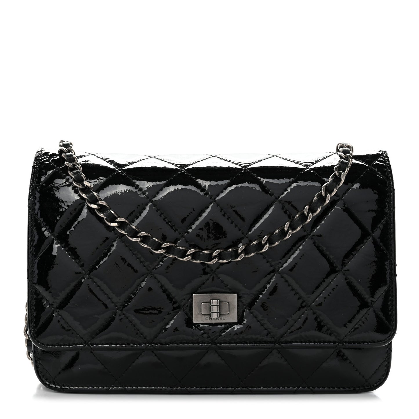 Distressed Patent Calfskin Quilted Reissue Wallet On Chain WOC Black