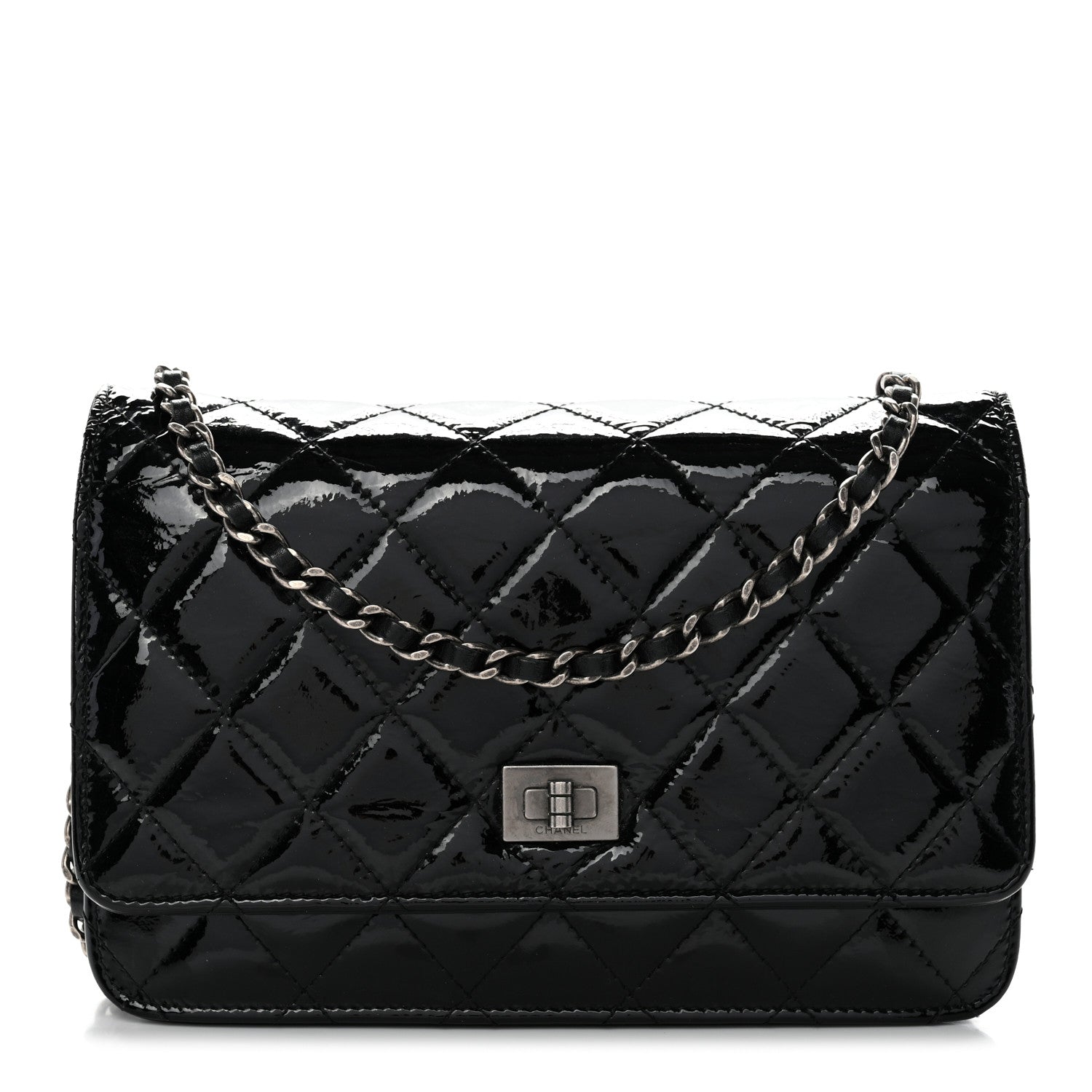 Chanel Distressed Patent Calfskin Quilted Reissue Wallet On Chain WOC Black 1 of 14