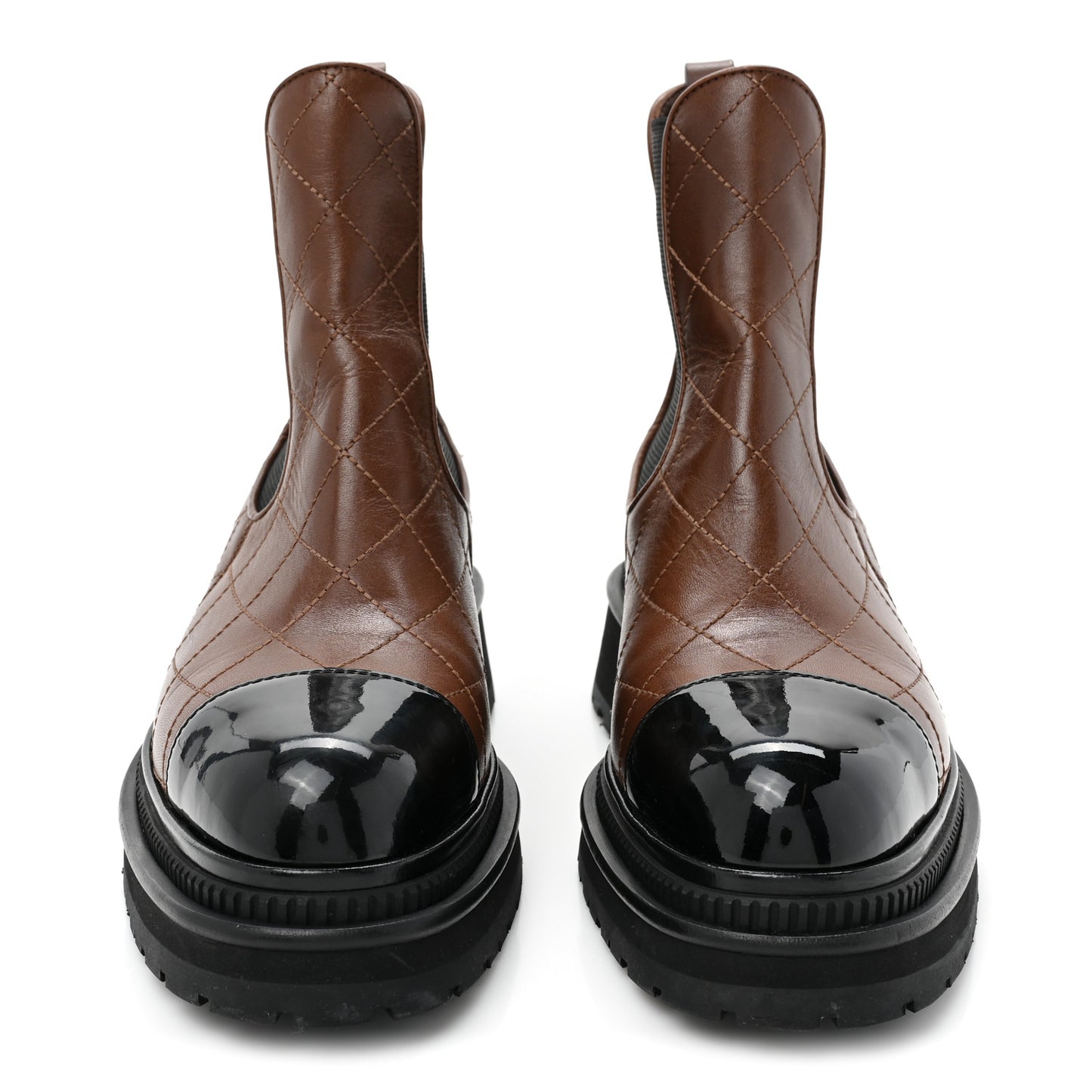 Calfskin Patent Cap Toe Quilted Short Boots 38.5 Brown Black