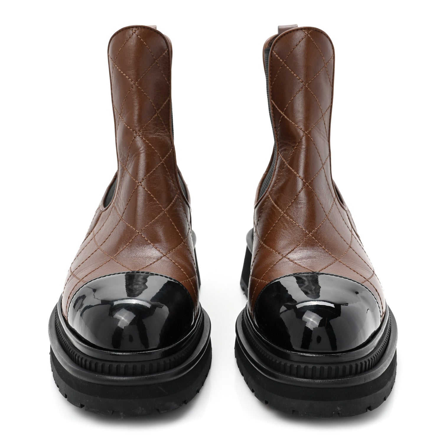 Chanel Calfskin Patent Cap Toe Quilted Short Boots 38.5 Brown Black 2 of 17