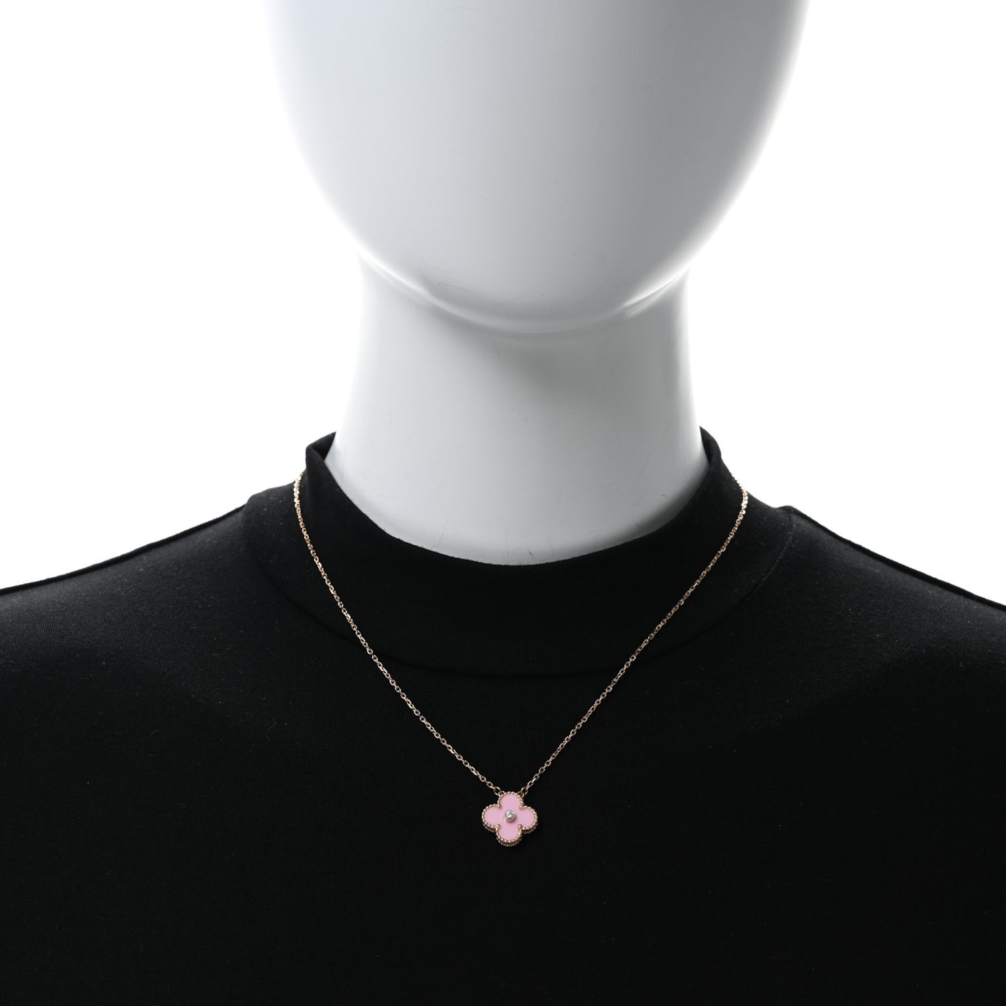 18K Rose Gold Diamond Pink Porcelain Vintage Alhambra Pendant Necklace