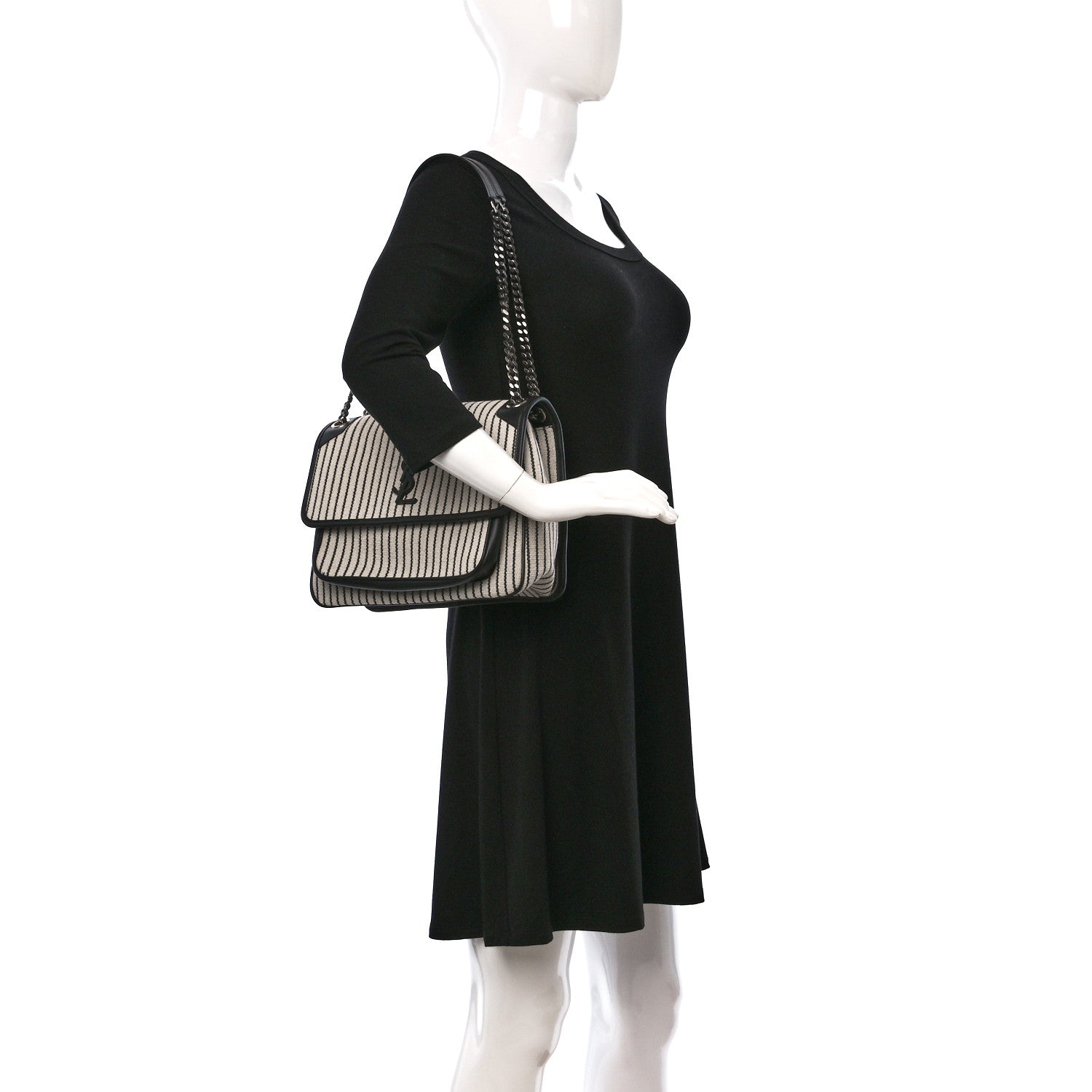 Saint Laurent Cotton Canvas Striped Vintage Calfskin Monogram Medium Niki Chain Satchel Beige Black 2 of 8