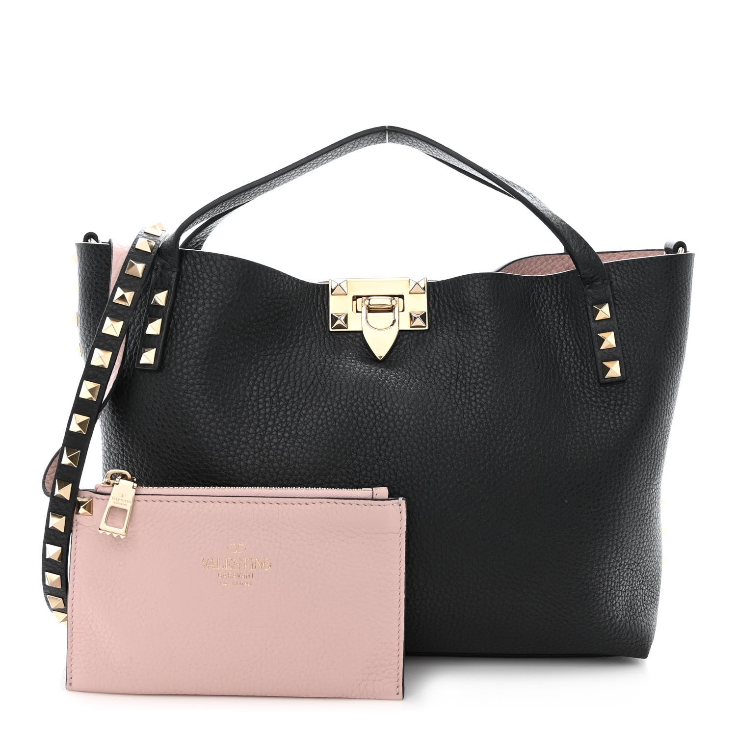 Valentino Garavani Grained Calfskin Small Rockstud Flip Lock Tote Black Rose Quartz 1 of 11