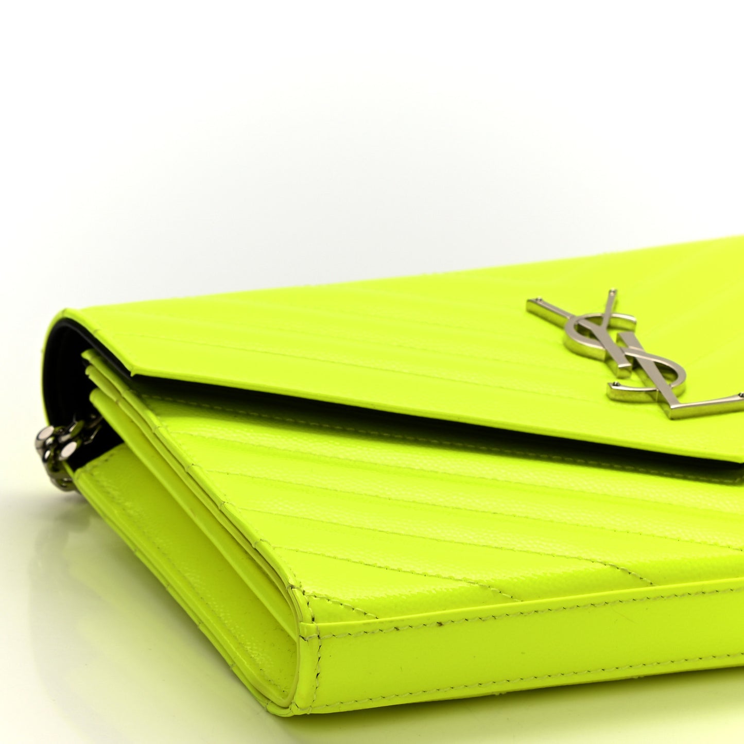 Patent Grain De Poudre Matelasse Chevron Monogram Chain Wallet Neon Yellow