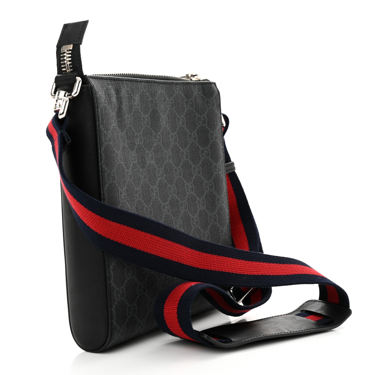 Gucci GG Supreme Monogram Web Small Flat Messenger Bag Black Grey 3 of 11