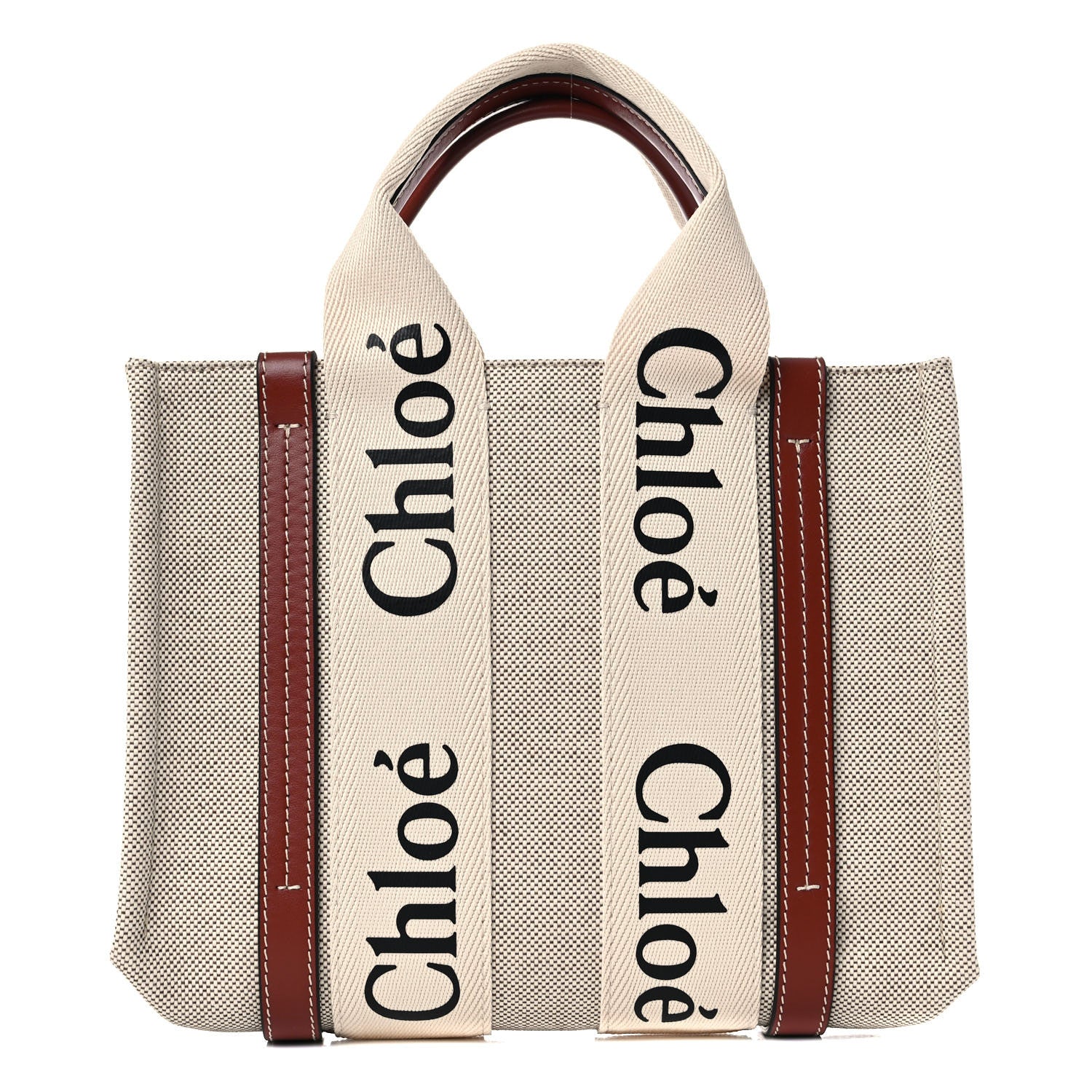 Chloe Cotton Calfskin Small Woody Ribbon Tote White Brown 1 of 9