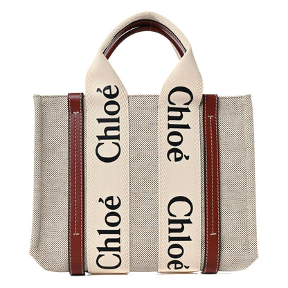 Chloe Cotton Calfskin Small Woody Ribbon Tote White Brown 1 of 9