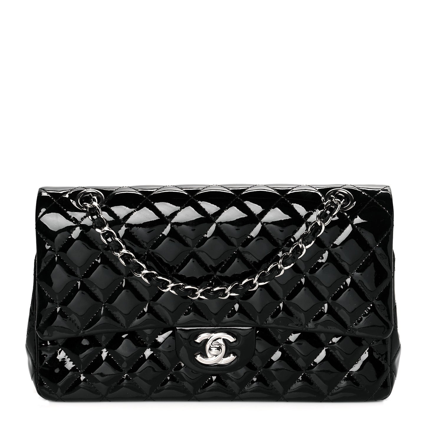 Patent Quilted Medium Double Flap Black