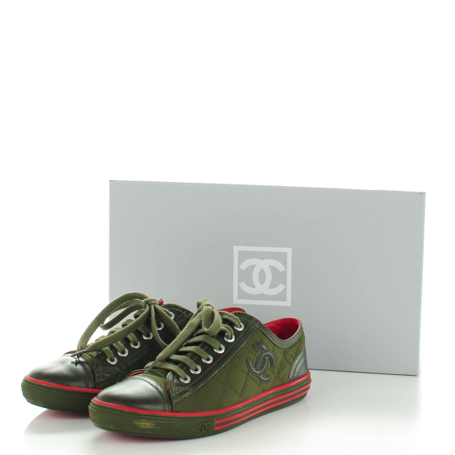 Chanel Nylon Calfskin Quilted CC Sneakers 36 Dark Green 9 of 9