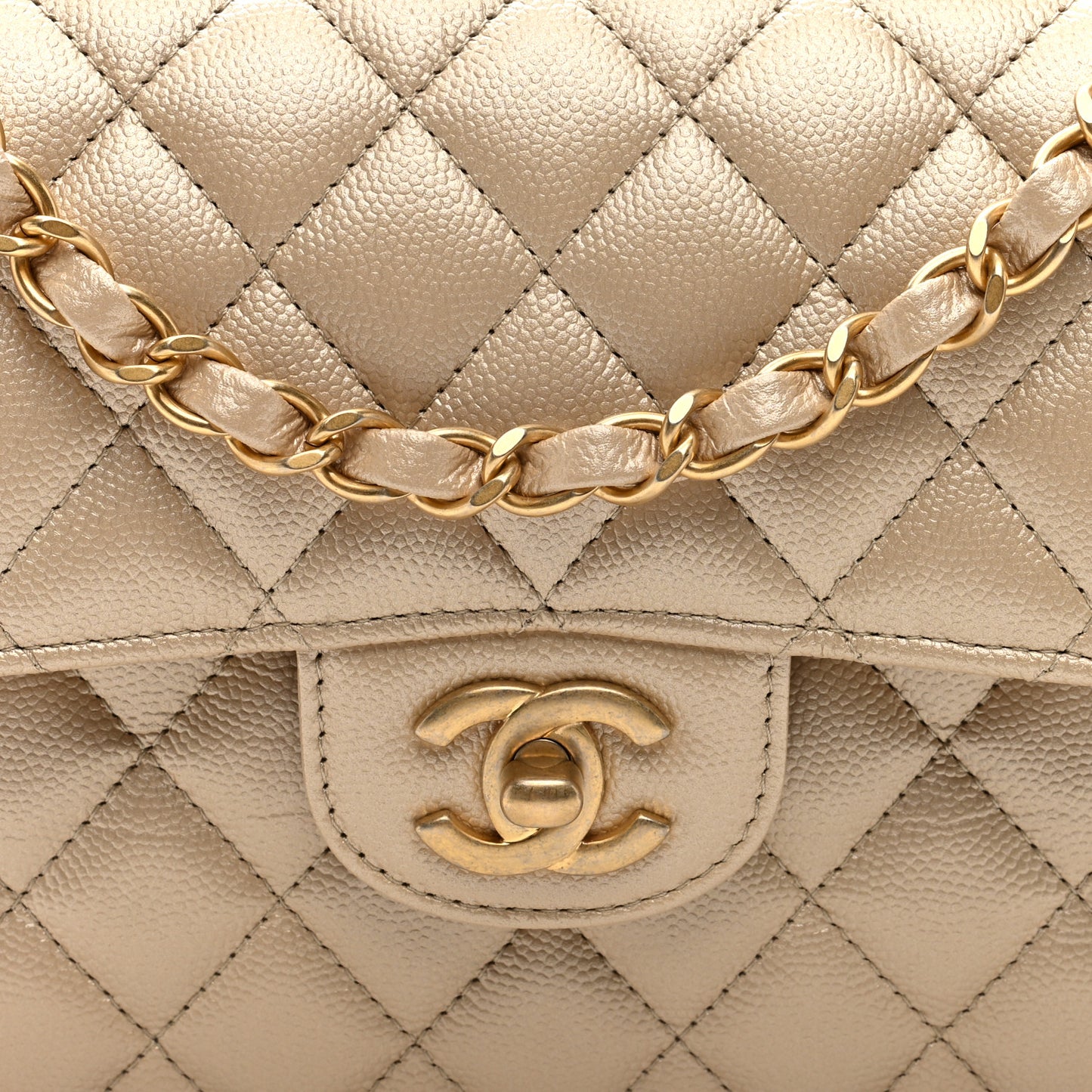 Iridescent Caviar Quilted Small Double Flap  Beige