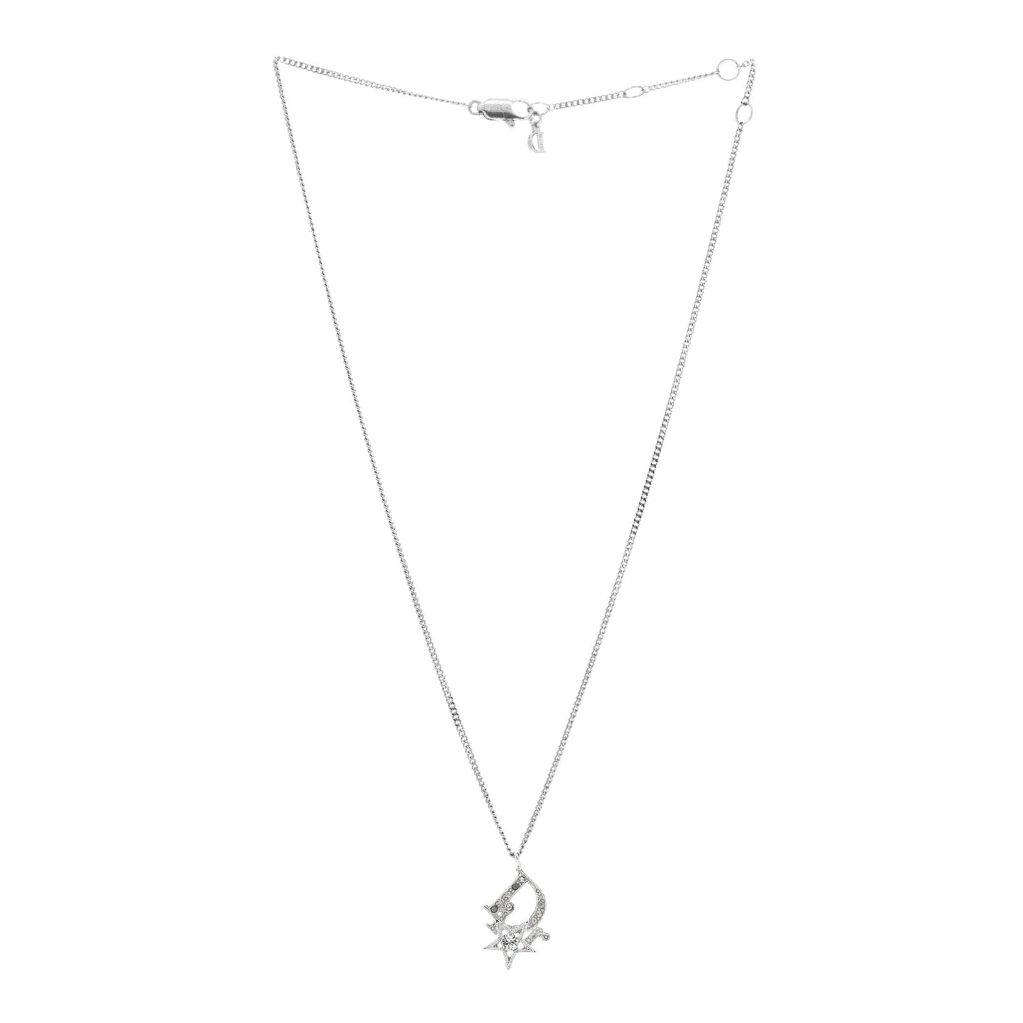 CHRISTIAN DIOR Crystal Logo Star Necklace Silver