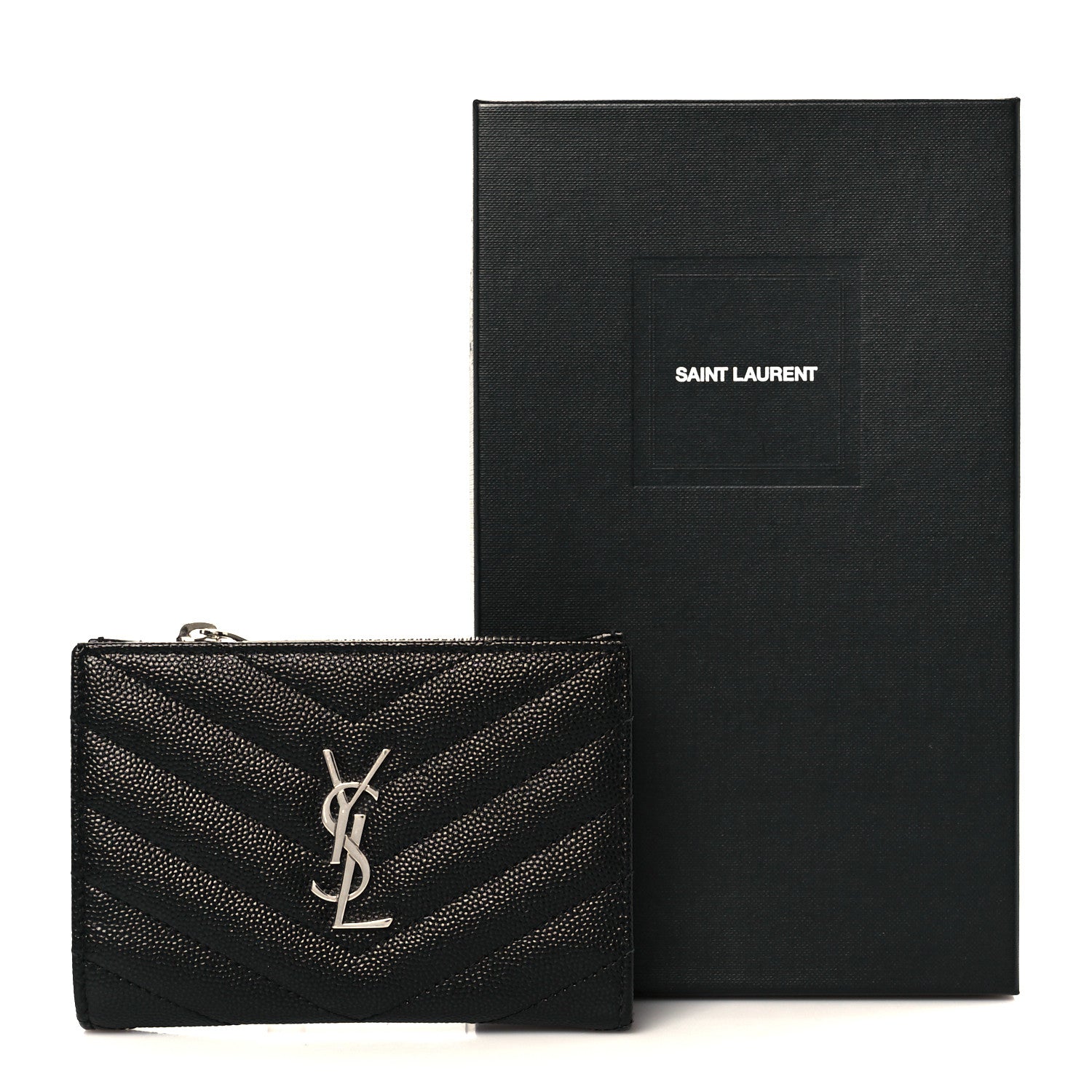Saint Laurent Grain De Poudre Matelasse Chevron Monogram Zipped Two-Part Wallet Black 11 of 11