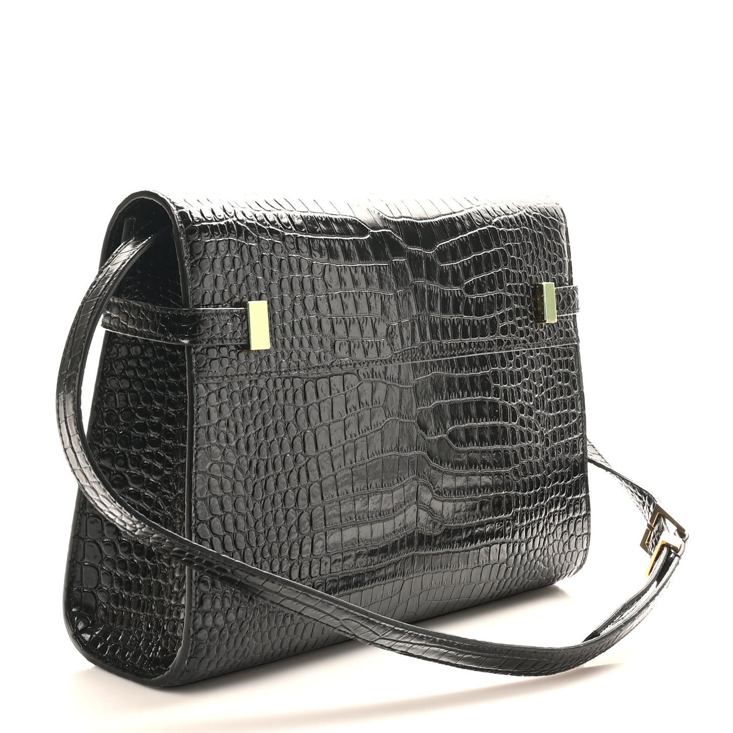Shiny Calfskin Crocodile Embossed Manhattan Baguette Black