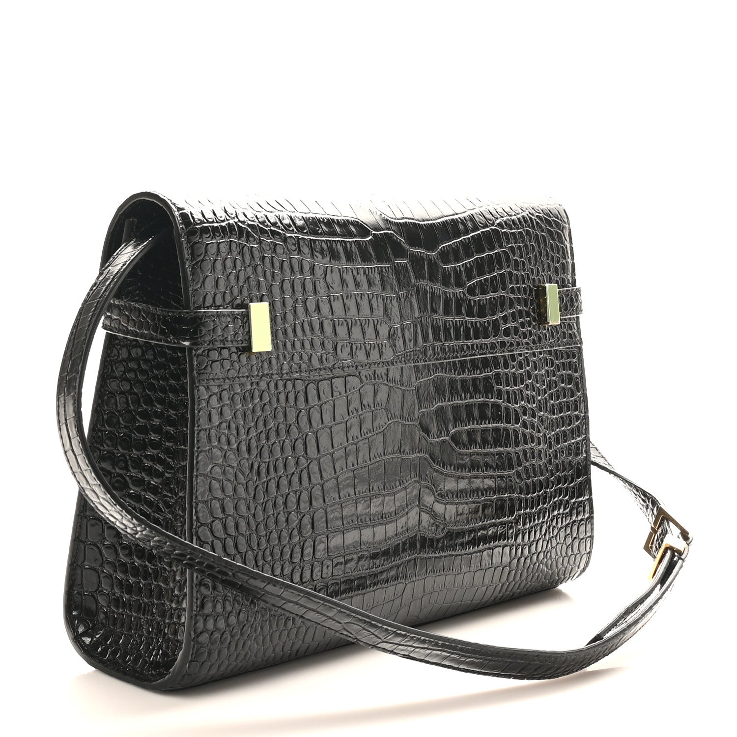 Saint Laurent Shiny Calfskin Crocodile Embossed Manhattan Baguette Black 3 of 10
