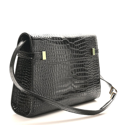 Saint Laurent Shiny Calfskin Crocodile Embossed Manhattan Baguette Black 3 of 10
