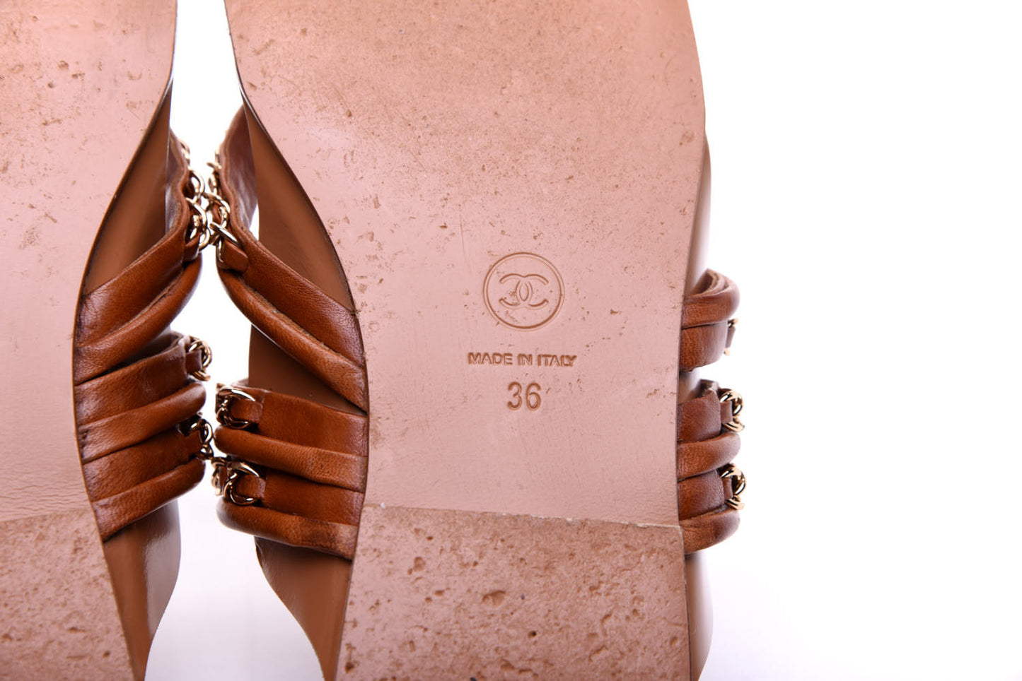 Calfskin Chain CC Thong Flat Sandals 36 Beige
