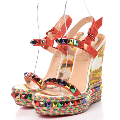 Christian Louboutin Lambskin Suede Cubana Cataclou 140 Wedge Sandals 35 Poppy 3 of 12